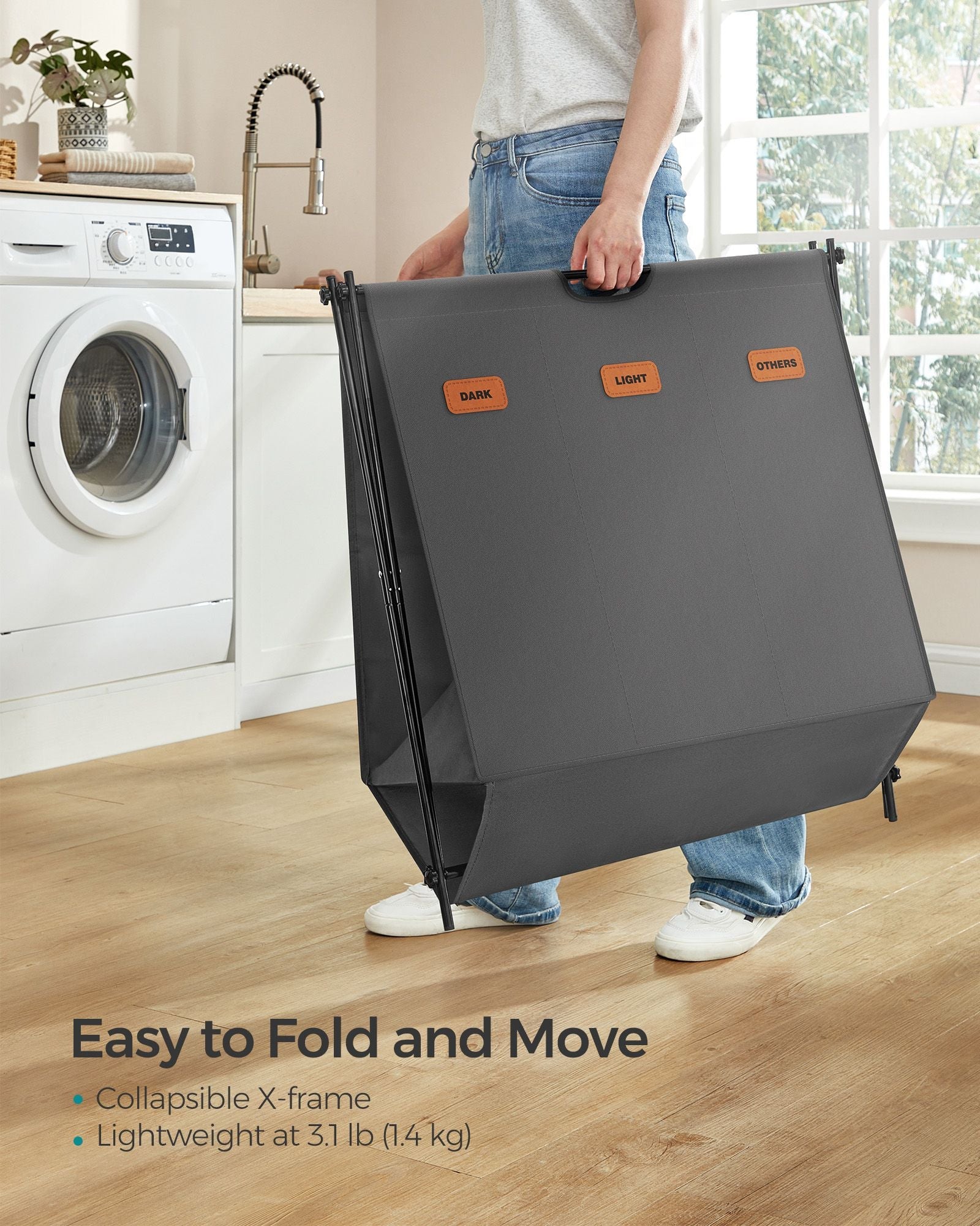 Laundry Hamper – Fabric – Slate Grey – 3-Section X-Frame Design