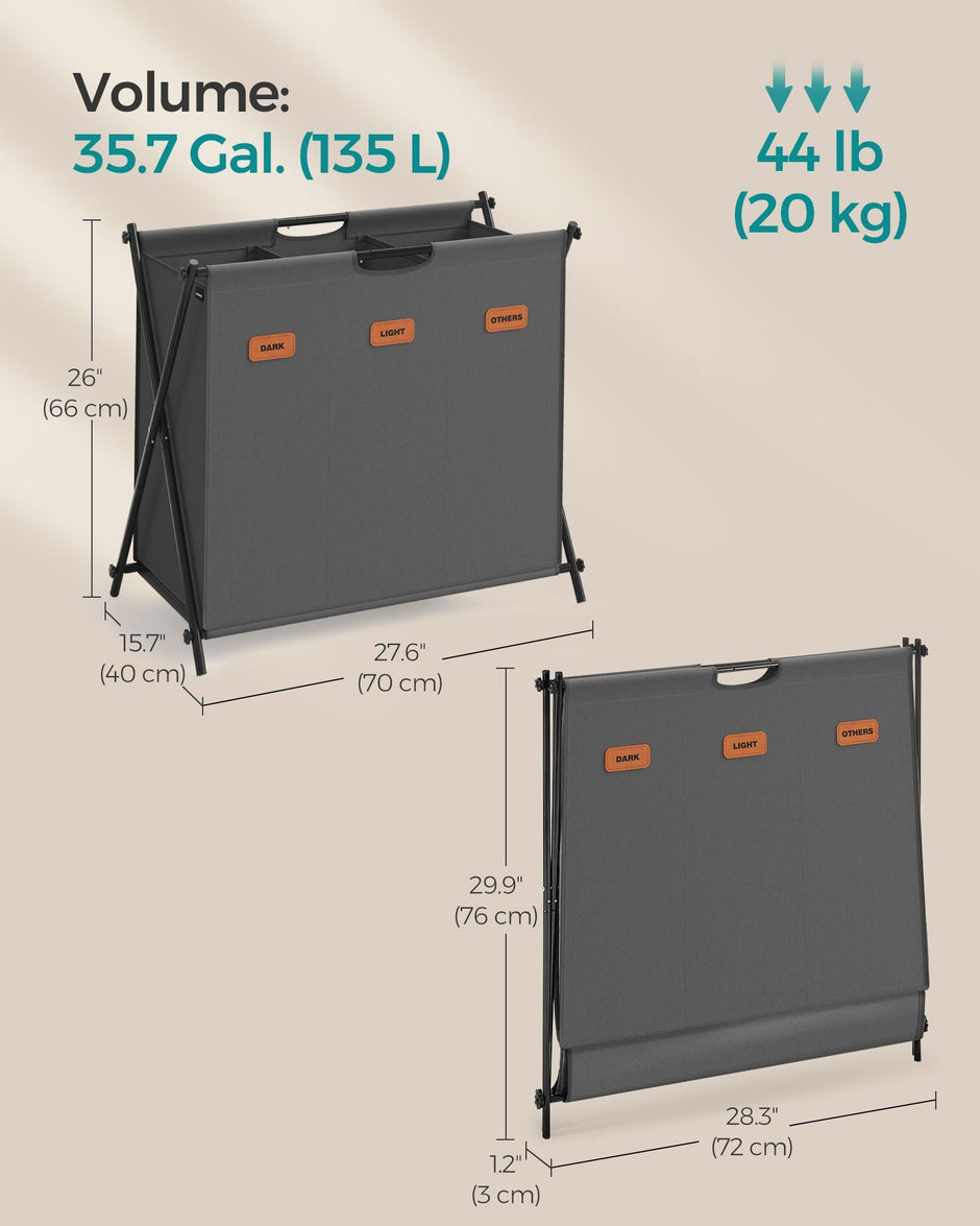 Laundry Hamper – Fabric – Slate Grey – 3-Section X-Frame Design