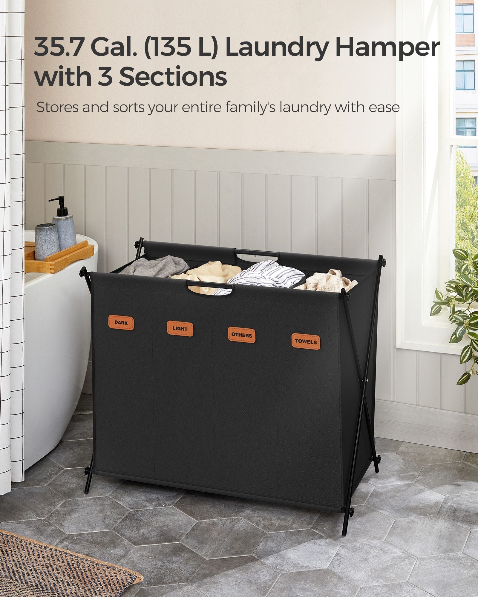 Laundry Hamper – Fabric – Ink Black – 4-Section Design with X-Frame