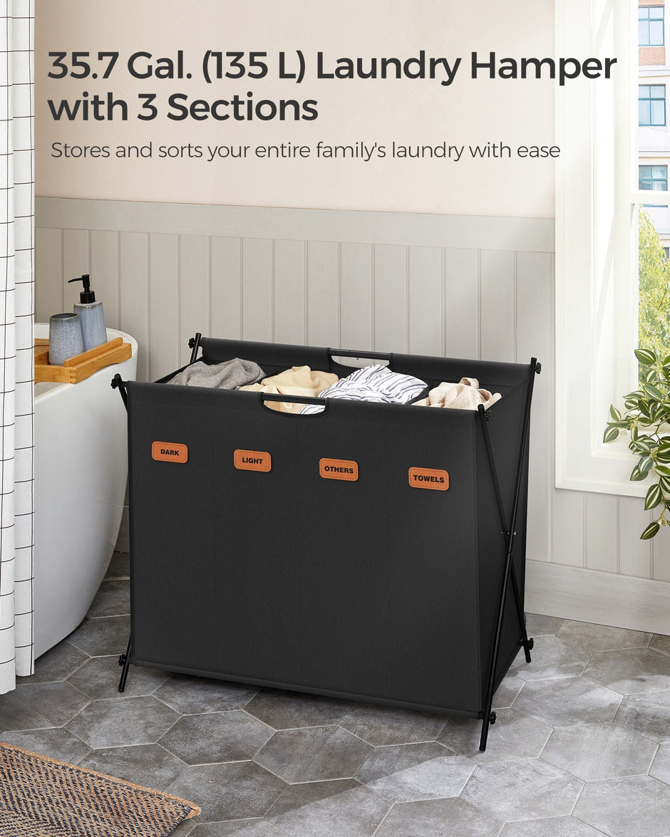 Laundry Hamper – Fabric – Ink Black – 4-Section Design with X-Frame