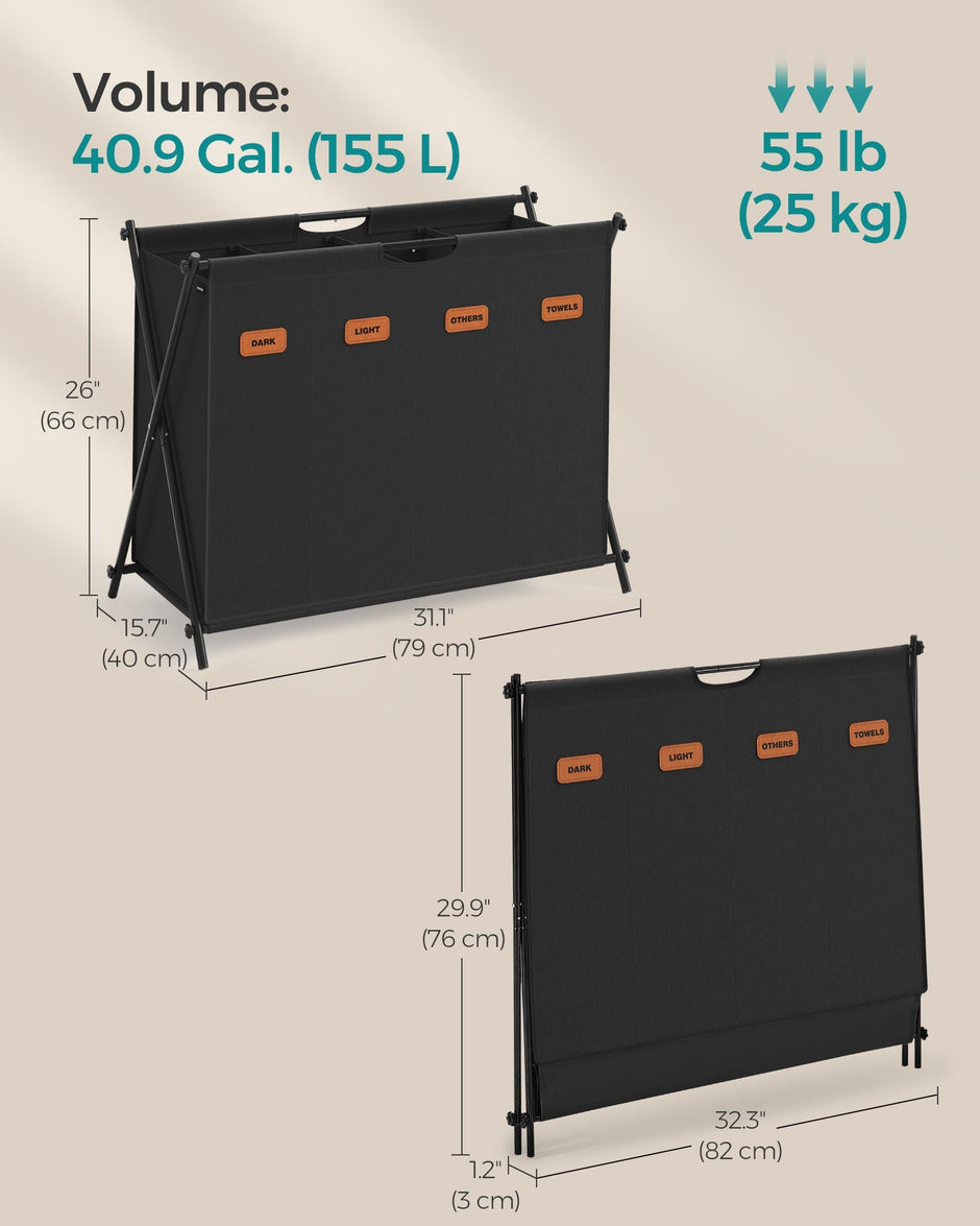 Laundry Hamper – Fabric – Ink Black – 4-Section Design with X-Frame