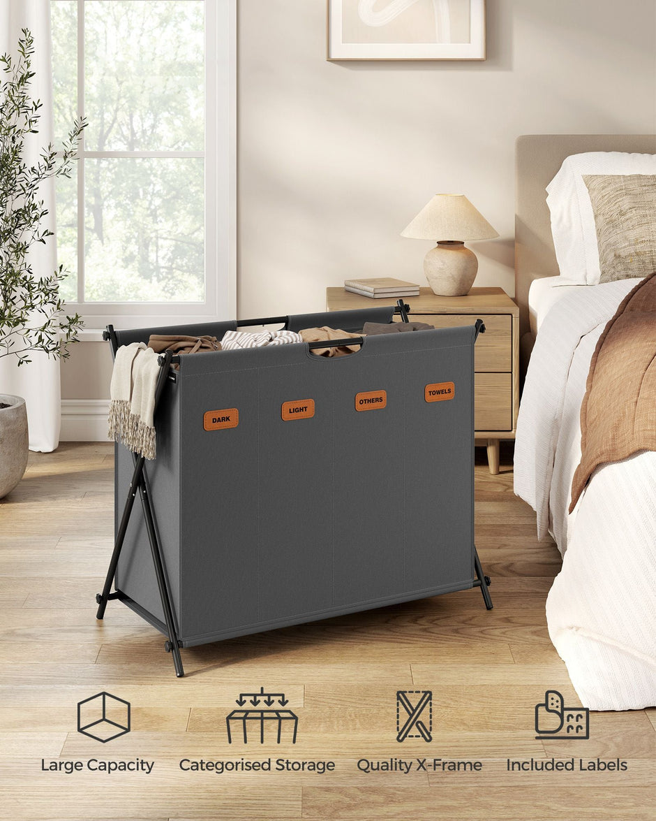 Laundry Hamper – Fabric – Slate Grey – 4 Sections with Collapsible X-Frame