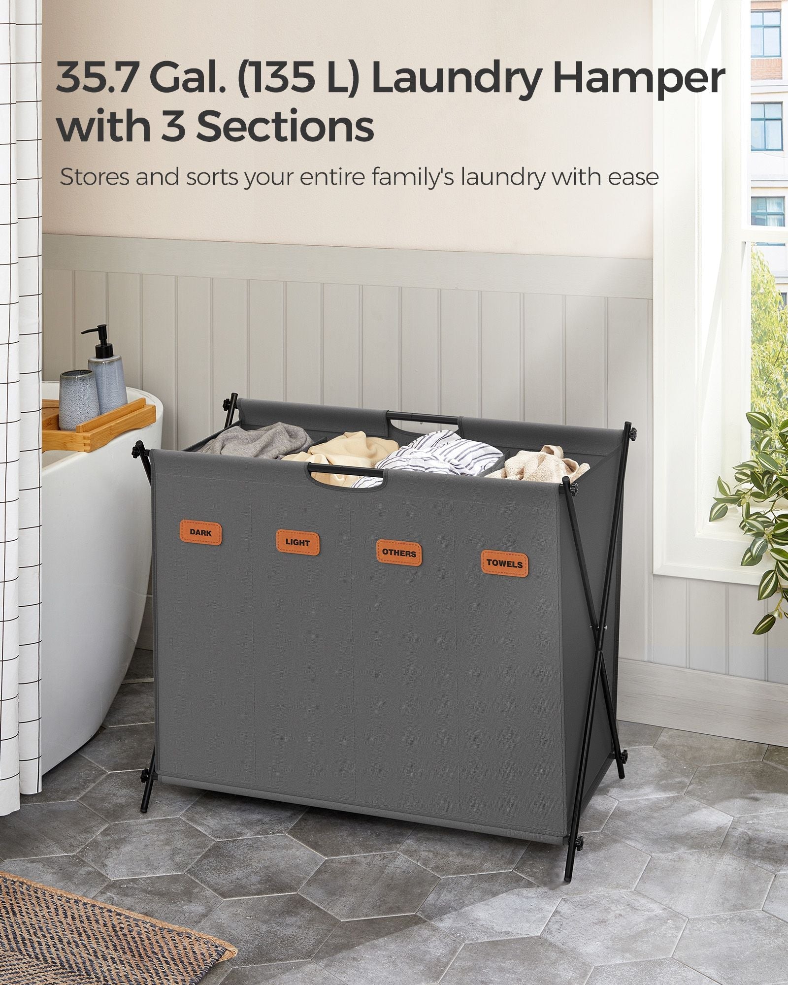 Laundry Hamper – Fabric – Slate Grey – 4 Sections with Collapsible X-Frame