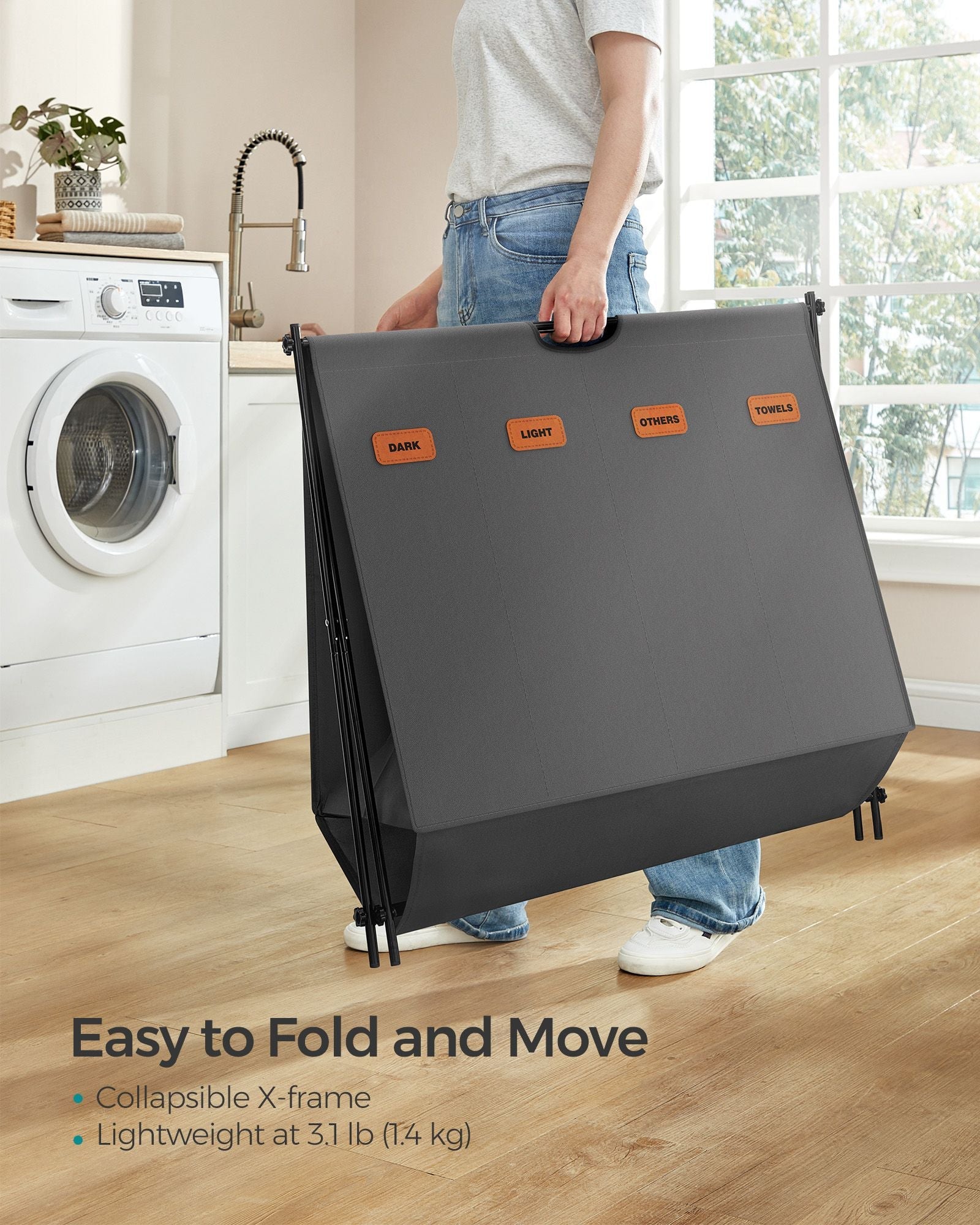 Laundry Hamper – Fabric – Slate Grey – 4 Sections with Collapsible X-Frame
