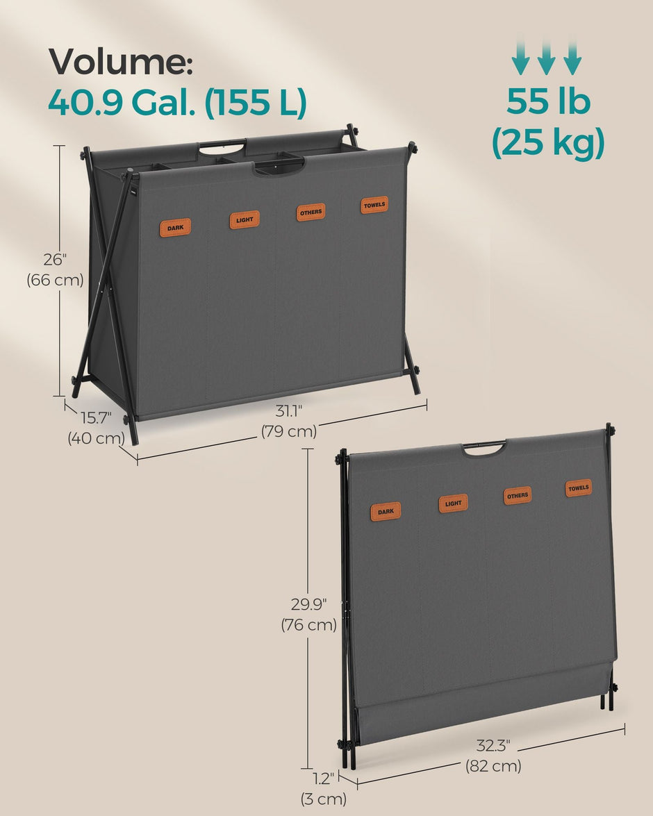 Laundry Hamper – Fabric – Slate Grey – 4 Sections with Collapsible X-Frame
