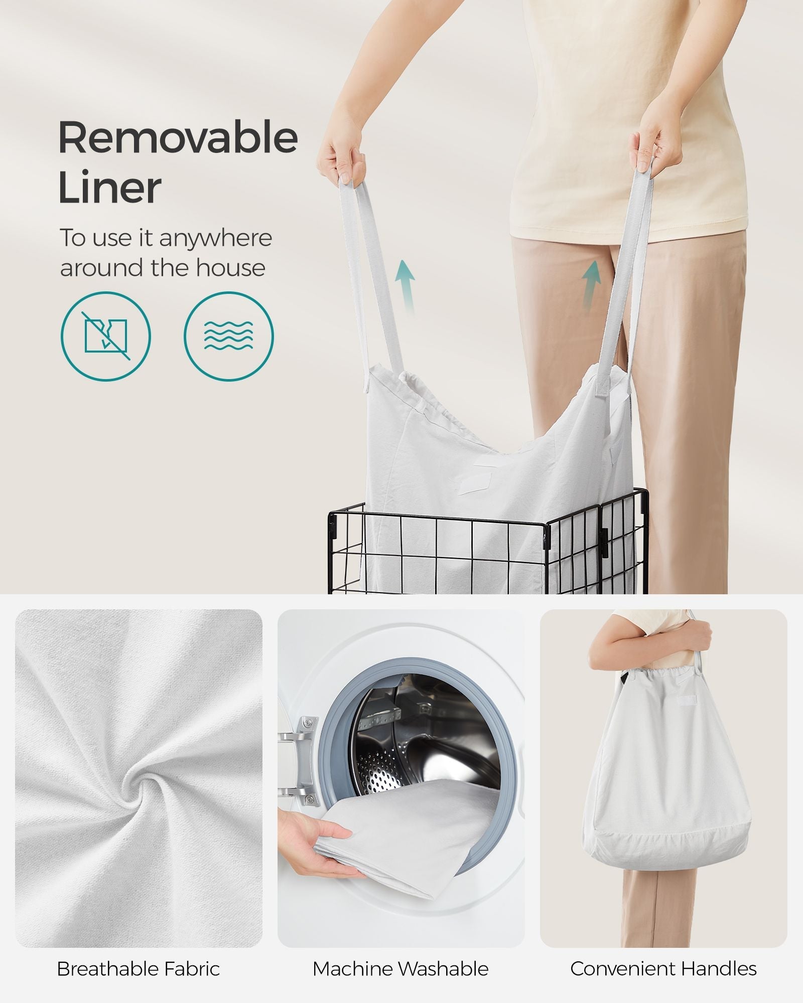 Collapsible Laundry Basket – Metal Wire Frame – 50L – Removable and Washable Liner