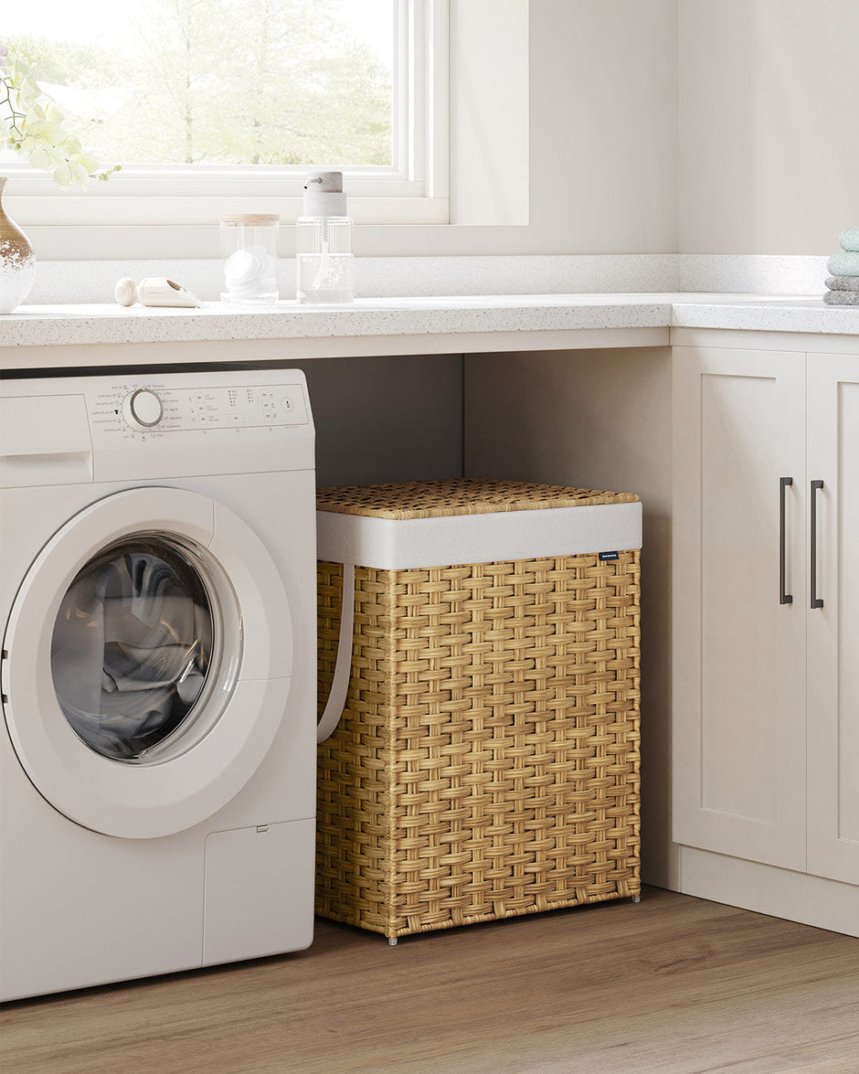 Laundry Basket – Synthetic Rattan – Natural – 110L with Lid and Handles, Foldable with Removable Liner