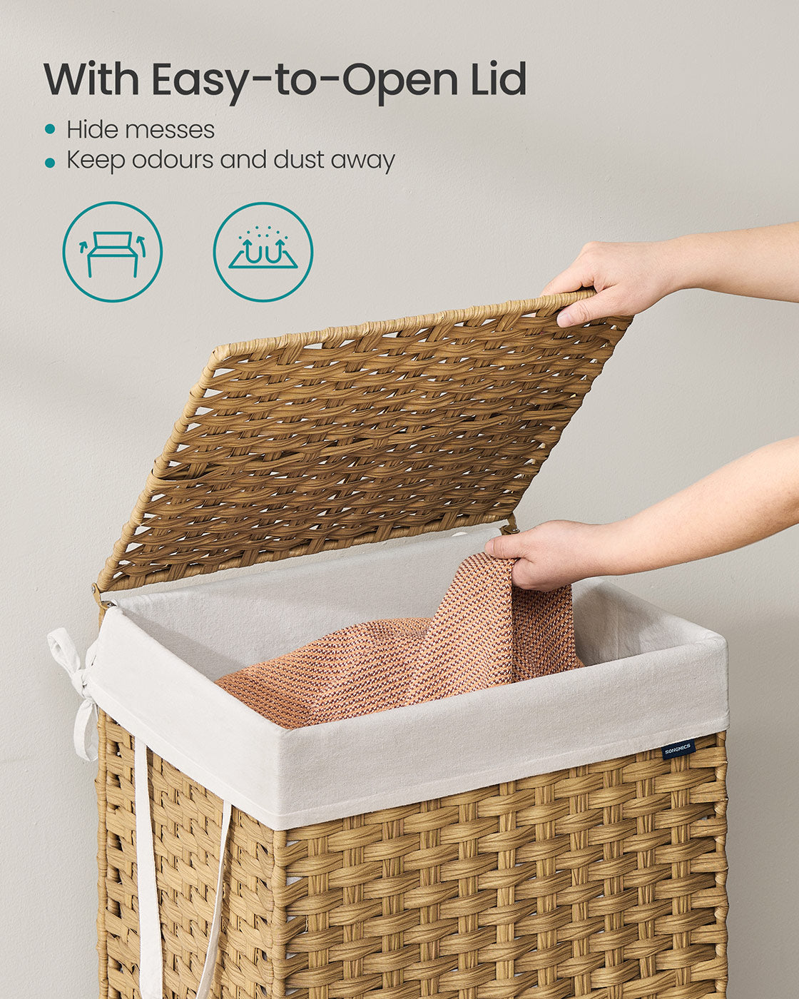 Laundry Basket – Synthetic Rattan – Natural – 110L with Lid and Handles, Foldable with Removable Liner