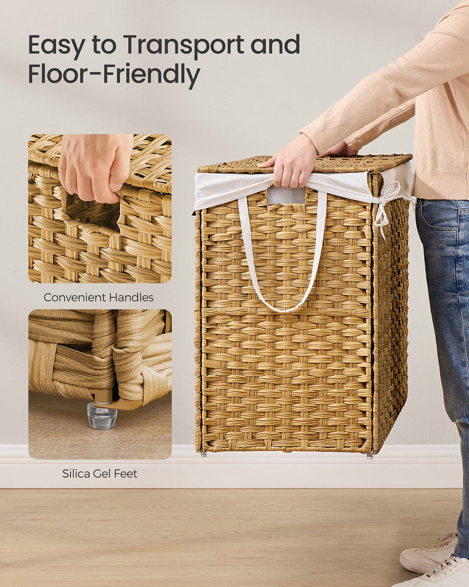 Laundry Basket – Synthetic Rattan – Natural – 110L with Lid and Handles, Foldable with Removable Liner