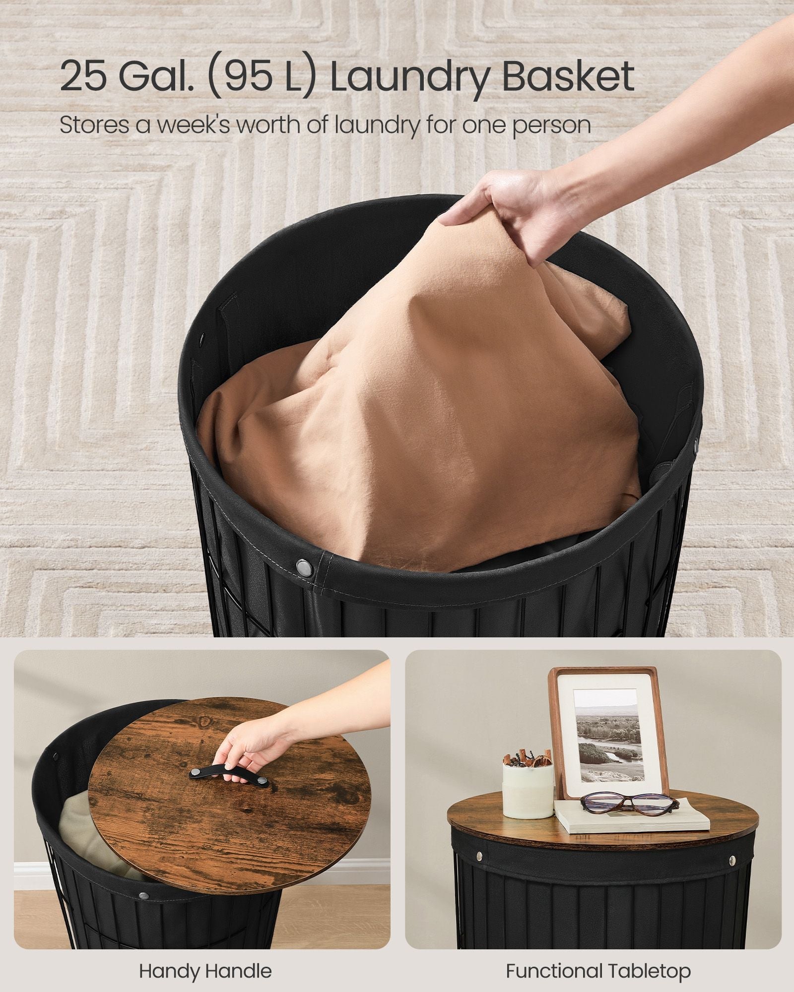 Round Laundry Hamper – Fabric – Ink Black – Versatile with Removable Liner, 95L Capacity