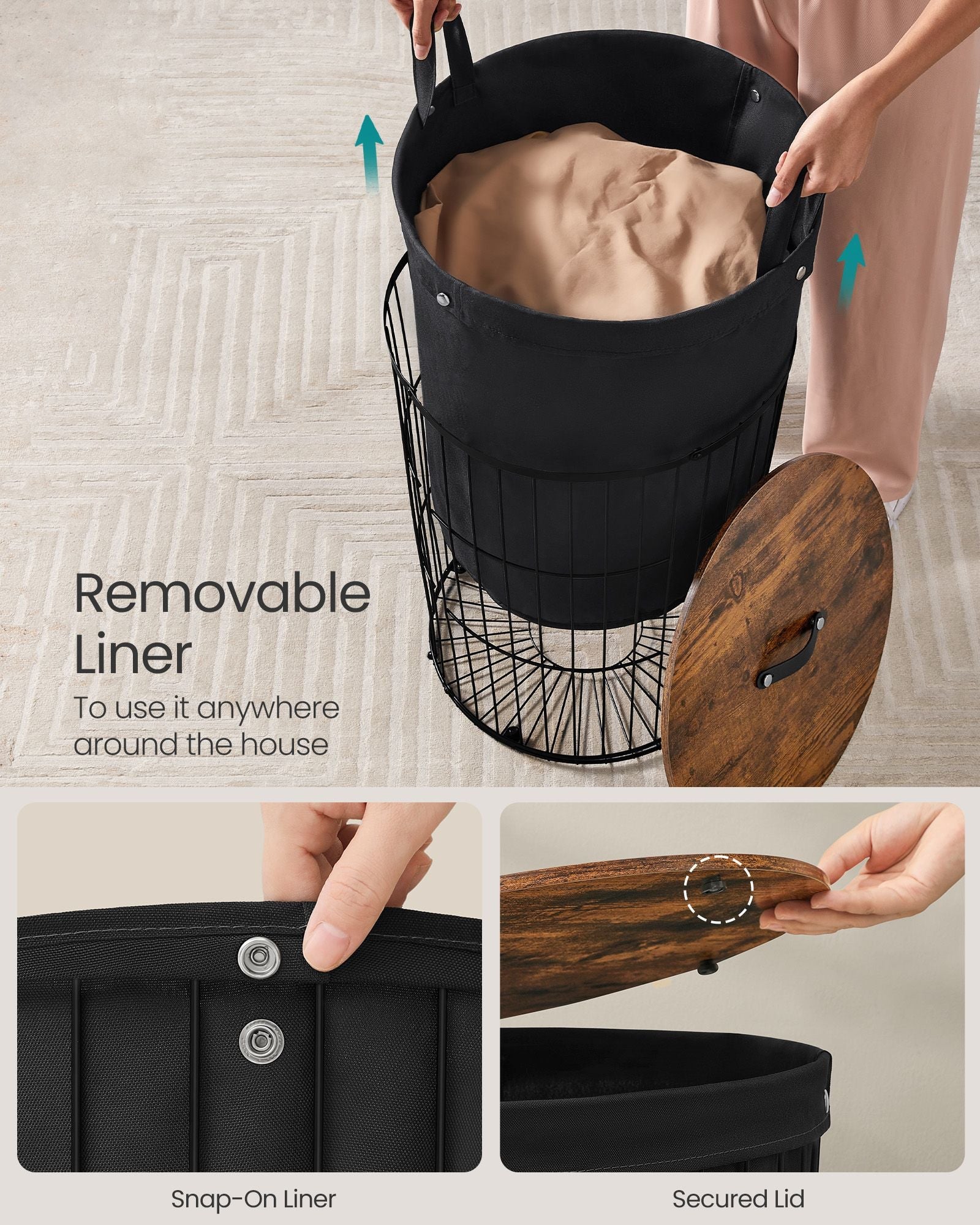 Round Laundry Hamper – Fabric – Ink Black – Versatile with Removable Liner, 95L Capacity