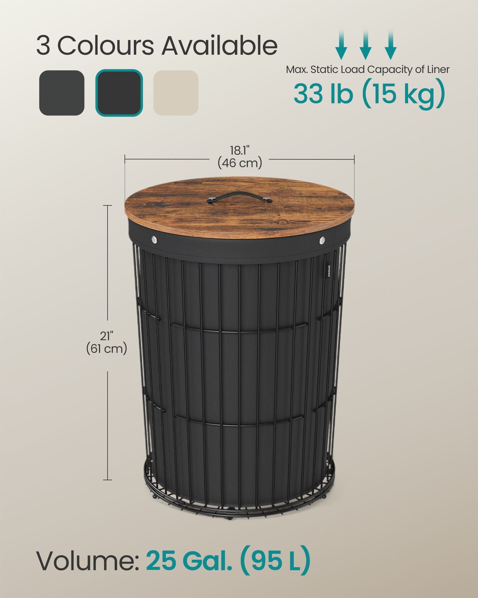 Round Laundry Hamper – Fabric – Ink Black – Versatile with Removable Liner, 95L Capacity