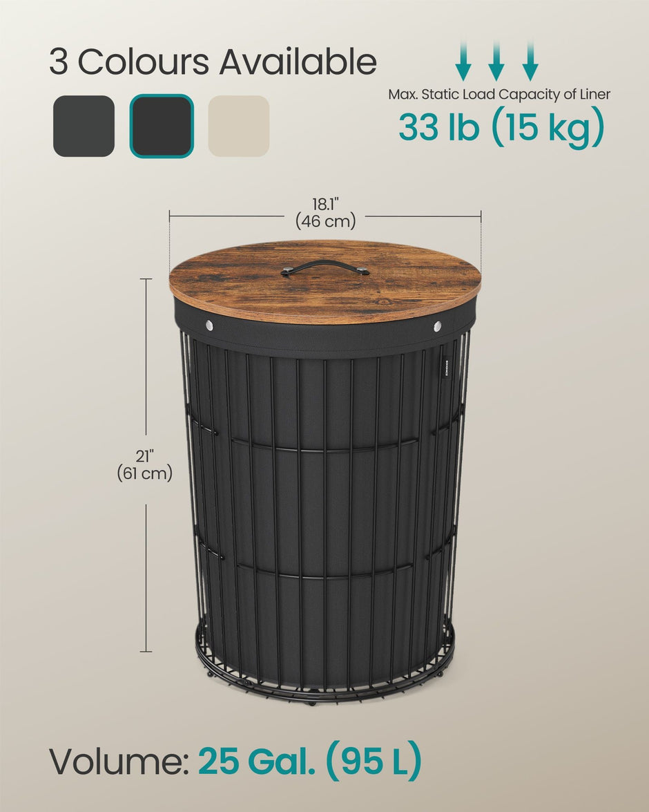 Round Laundry Hamper – Fabric – Ink Black – Versatile with Removable Liner, 95L Capacity
