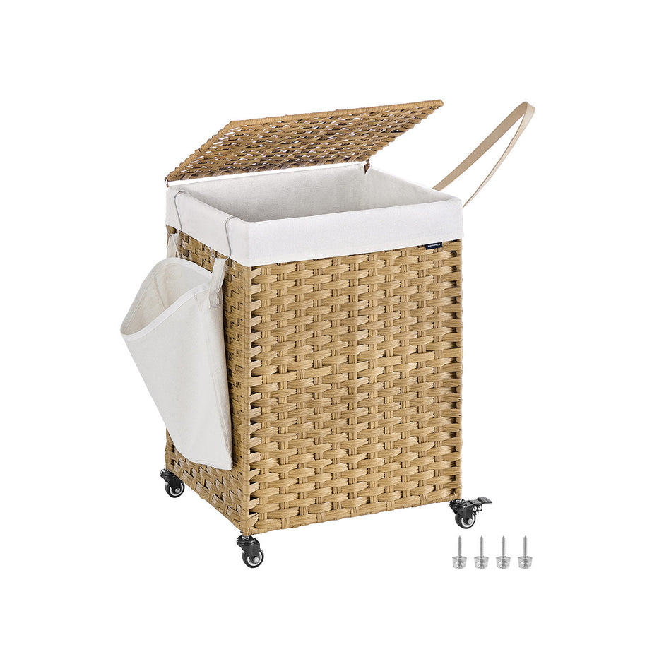 Laundry Basket – Rattan-Style – Natural – 3 Compartments with Lid and Removable Liner