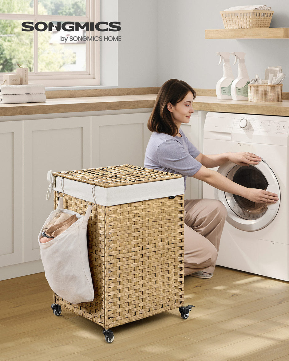 Laundry Basket – Rattan-Style – Natural – 3 Compartments with Lid and Removable Liner