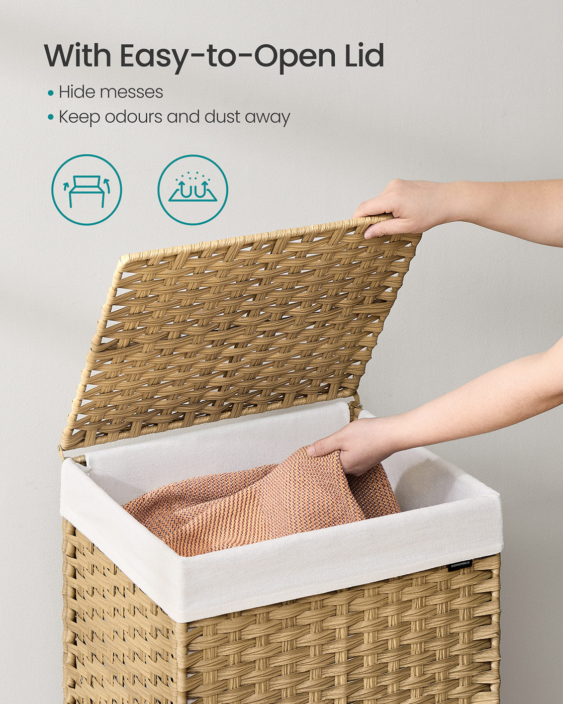 Laundry Basket – Rattan-Style – Natural – 3 Compartments with Lid and Removable Liner