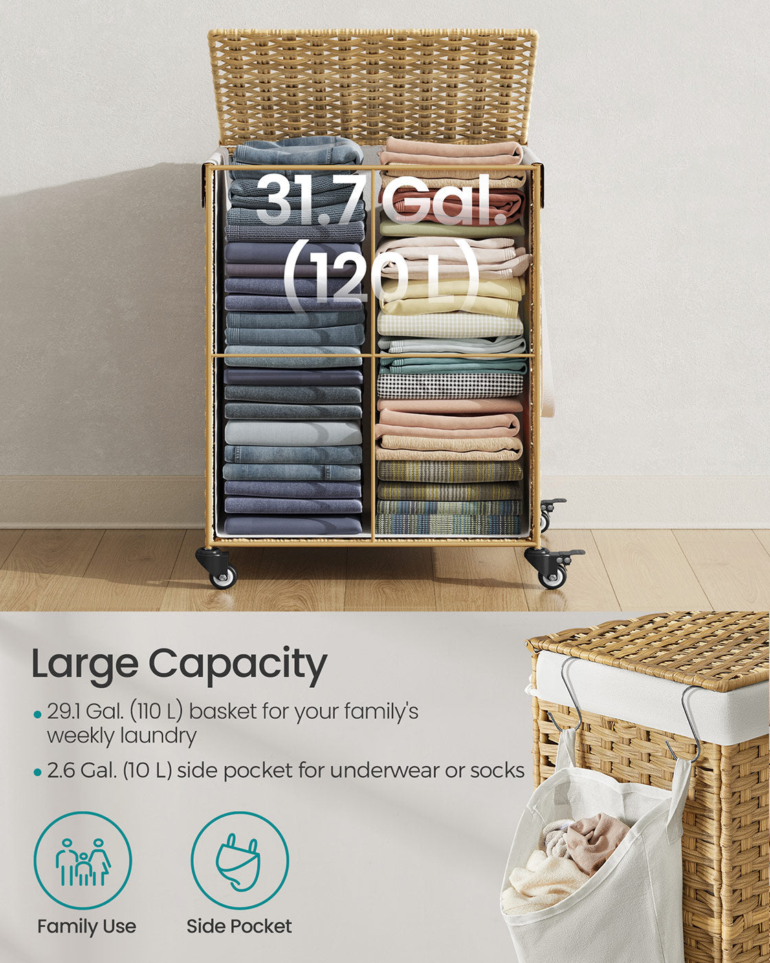 Laundry Basket – Rattan-Style – Natural – 3 Compartments with Lid and Removable Liner