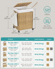 Laundry Basket – Rattan-Style – Natural – 3 Compartments with Lid and Removable Liner