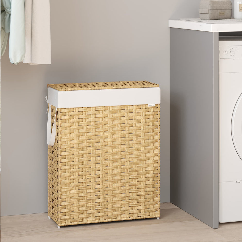 Laundry Hamper – Synthetic Rattan – Cloud White – Foldable with Lid and Removable Bag