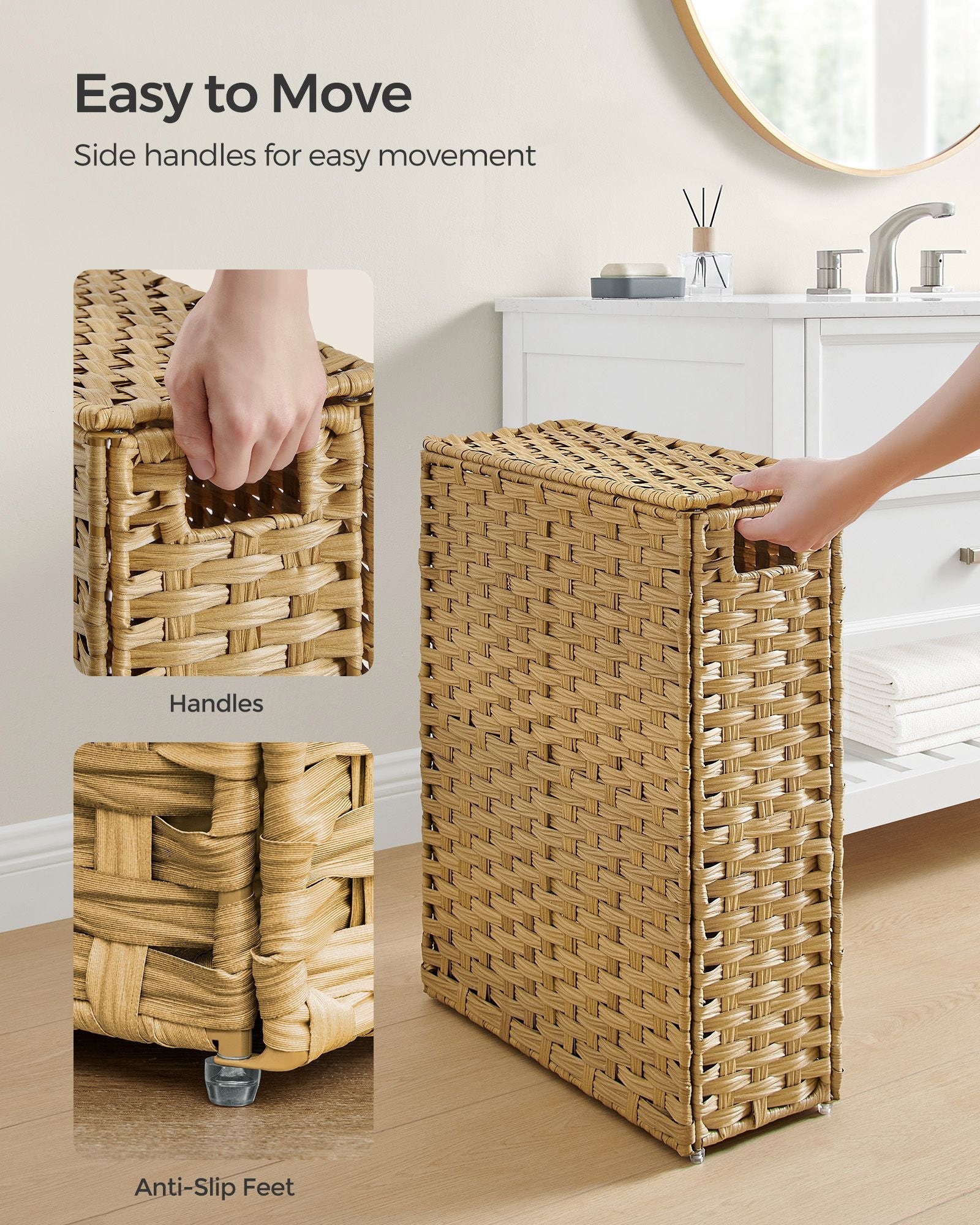 Slim Laundry Basket – Synthetic Rattan – Goose Yellow – 55L Capacity with Lid and Handles
