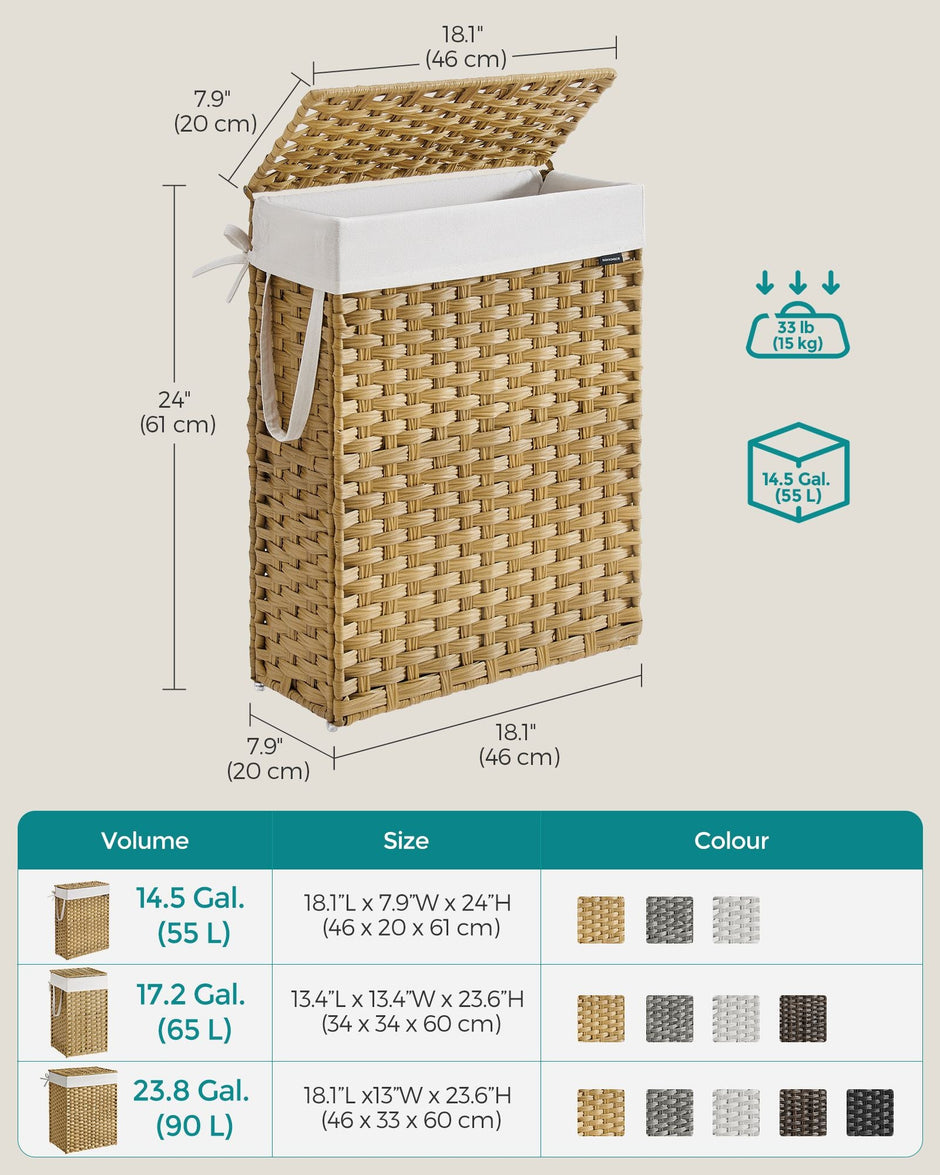 Slim Laundry Basket – Synthetic Rattan – Goose Yellow – 55L Capacity with Lid and Handles