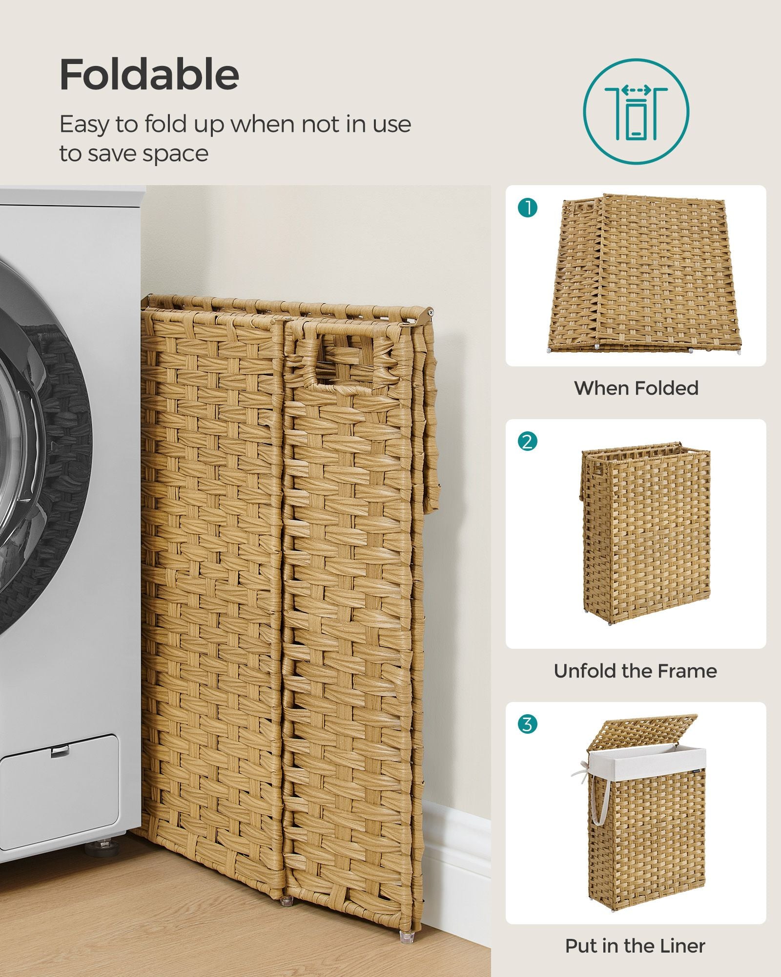 Slim Laundry Basket – Synthetic Rattan – Goose Yellow – 55L Capacity with Lid and Handles