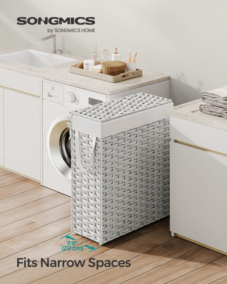 Slim Laundry Basket – Synthetic Rattan – Cloud White – Foldable with Lid and Handles