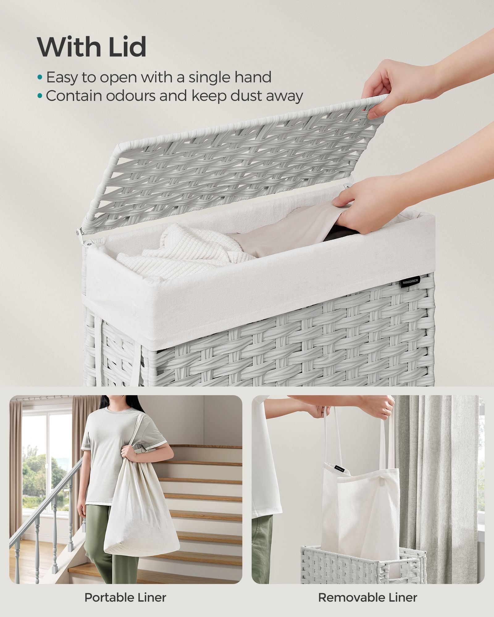 Slim Laundry Basket – Synthetic Rattan – Cloud White – Foldable with Lid and Handles
