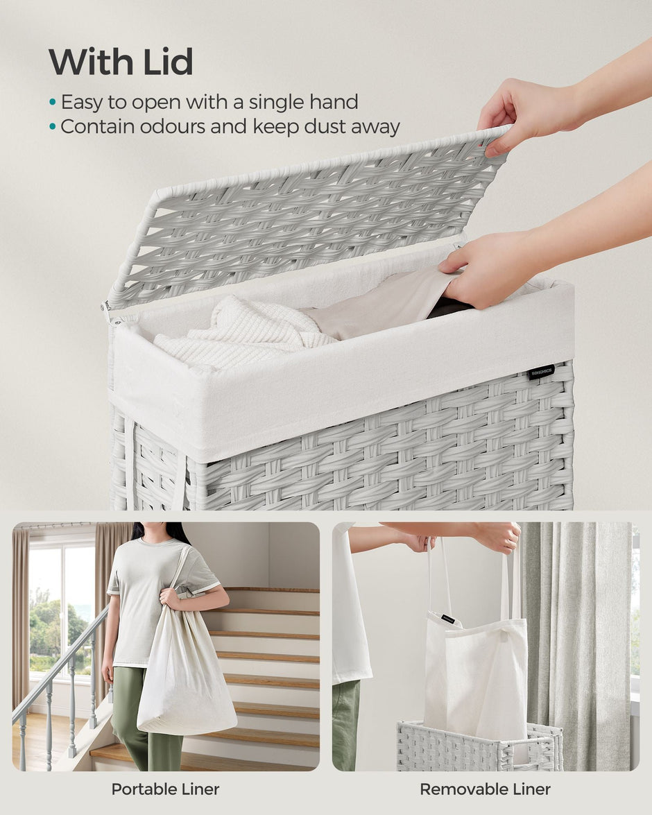 Slim Laundry Basket – Synthetic Rattan – Cloud White – Foldable with Lid and Handles