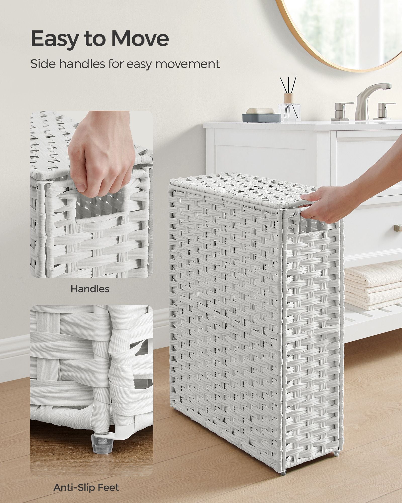 Slim Laundry Basket – Synthetic Rattan – Cloud White – Foldable with Lid and Handles
