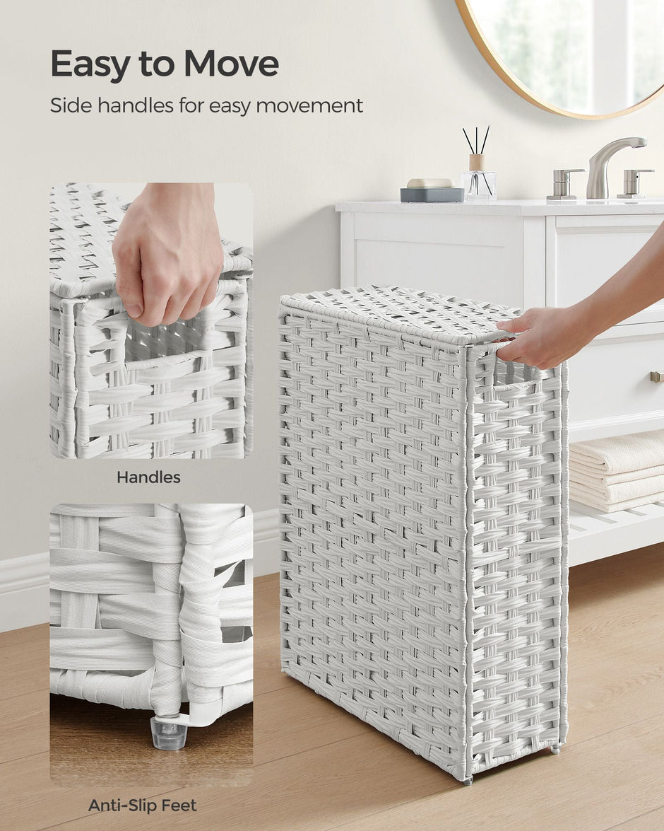 Slim Laundry Basket – Synthetic Rattan – Cloud White – Foldable with Lid and Handles