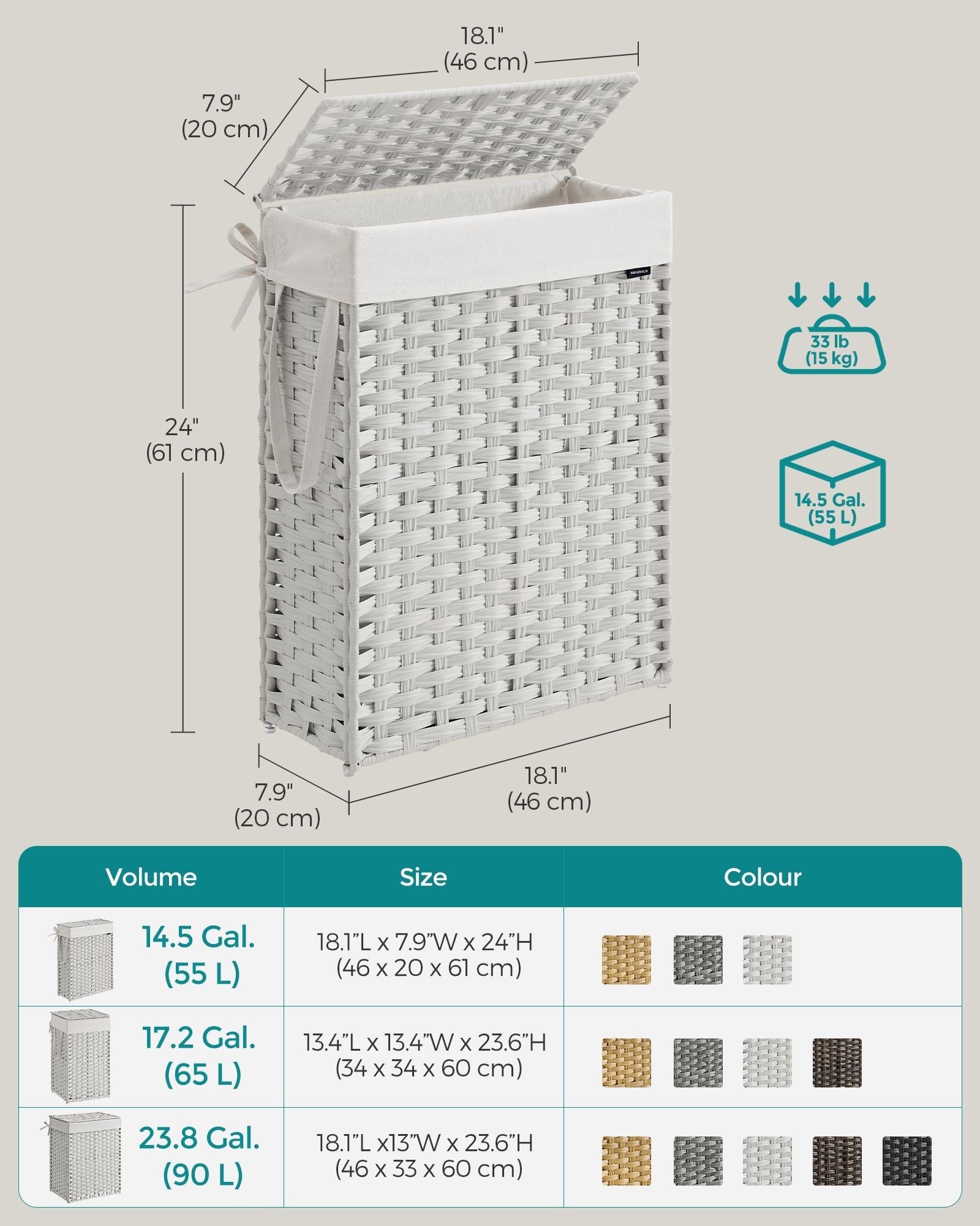 Slim Laundry Basket – Synthetic Rattan – Cloud White – Foldable with Lid and Handles