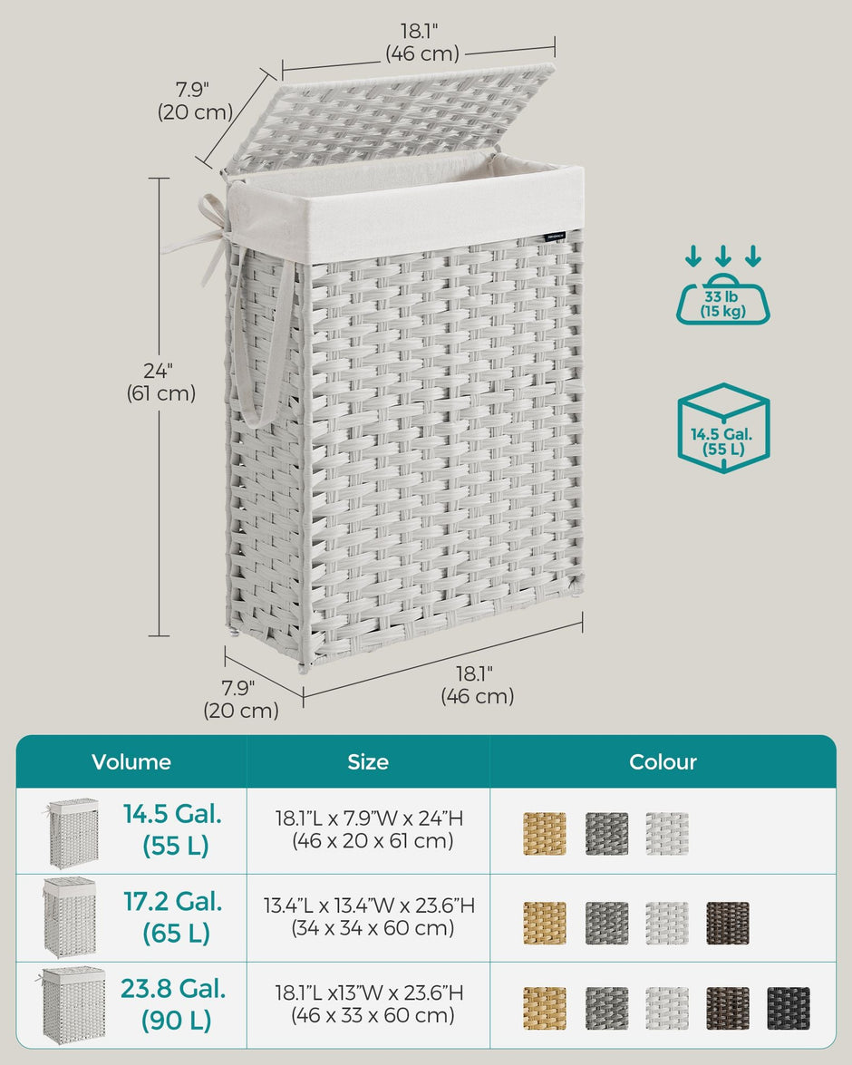 Slim Laundry Basket – Synthetic Rattan – Cloud White – Foldable with Lid and Handles