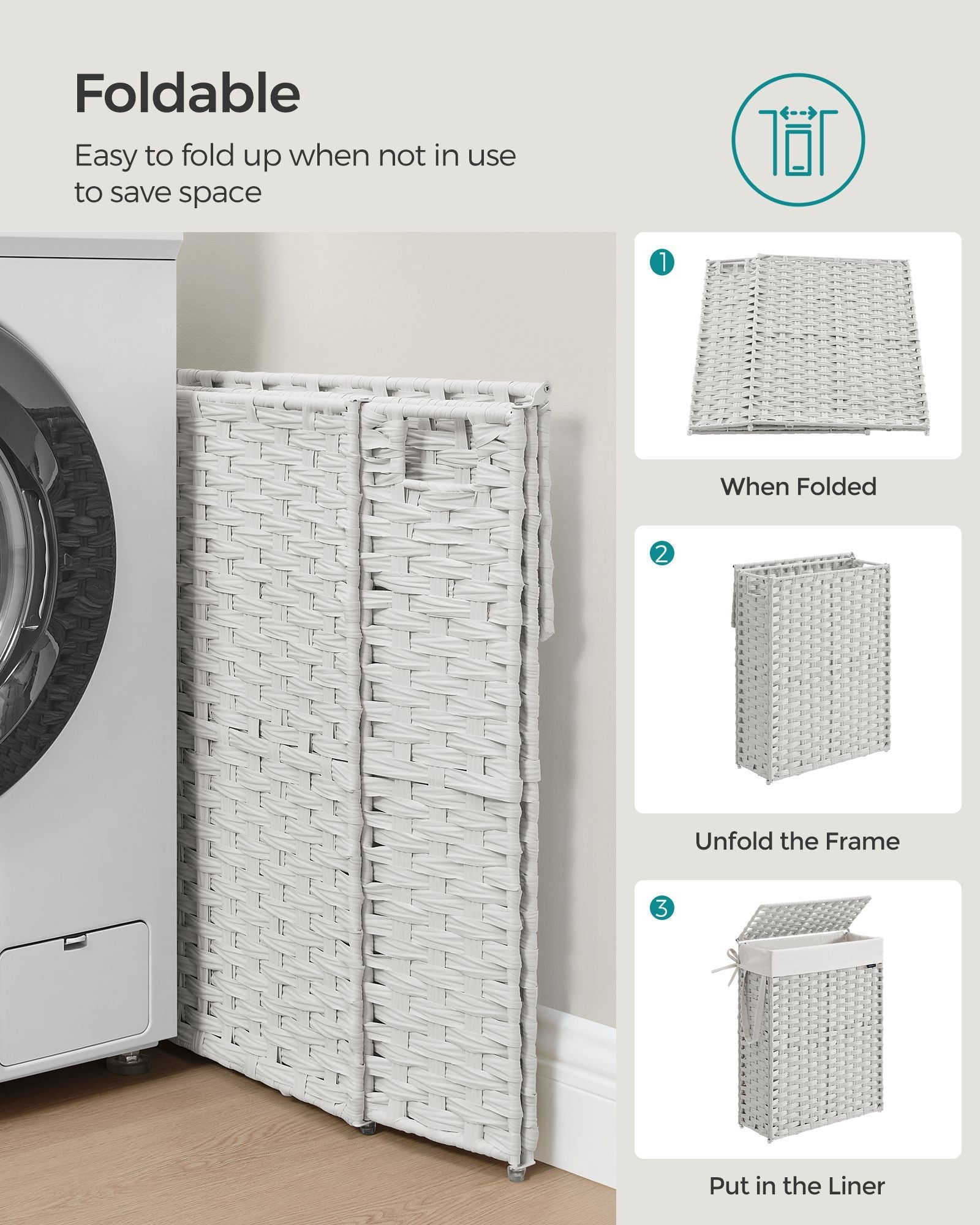 Slim Laundry Basket – Synthetic Rattan – Cloud White – Foldable with Lid and Handles