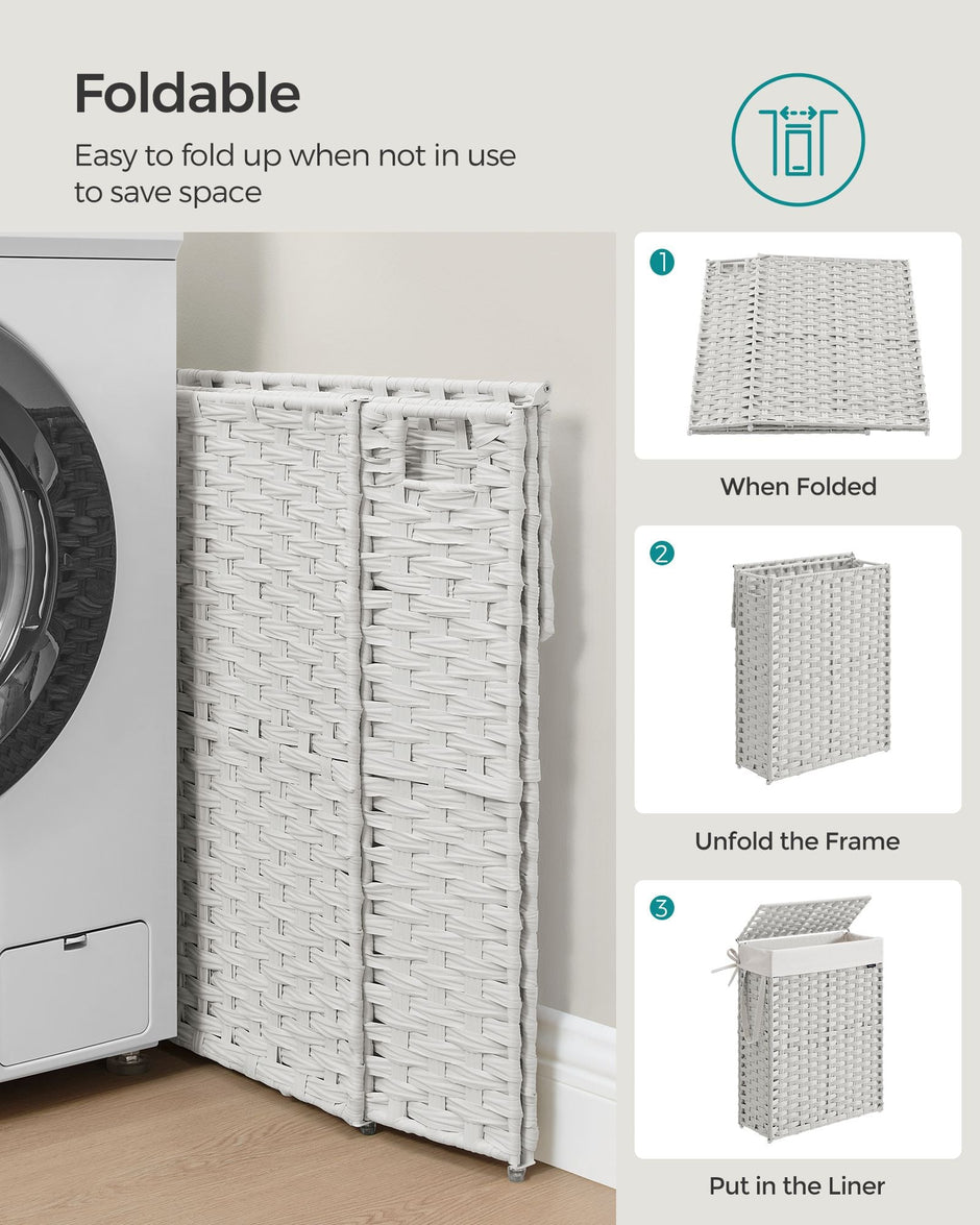 Slim Laundry Basket – Synthetic Rattan – Cloud White – Foldable with Lid and Handles