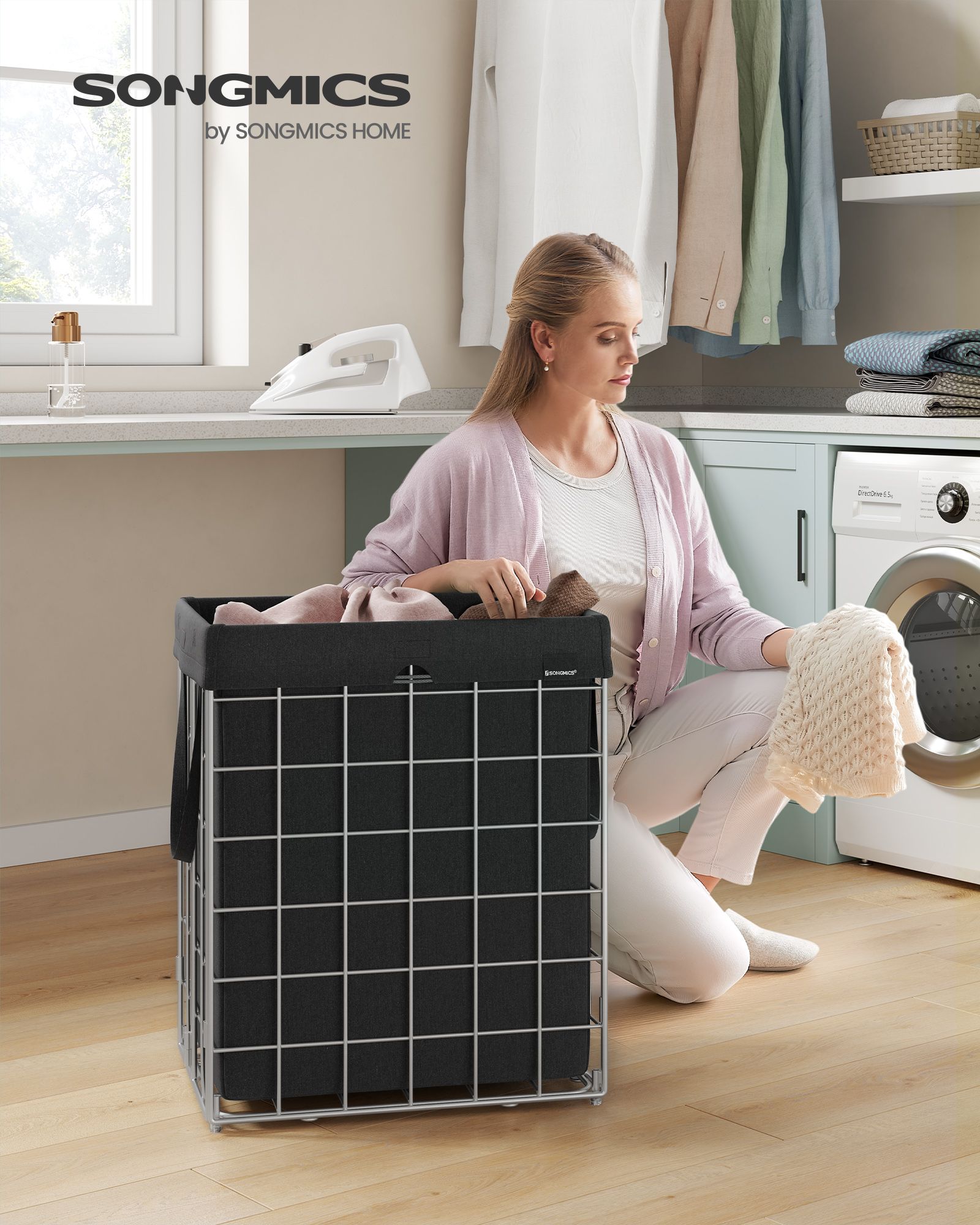 Laundry Basket – Metal Wire Frame – Silver and Classic Black – 110L Capacity with Removable Liner