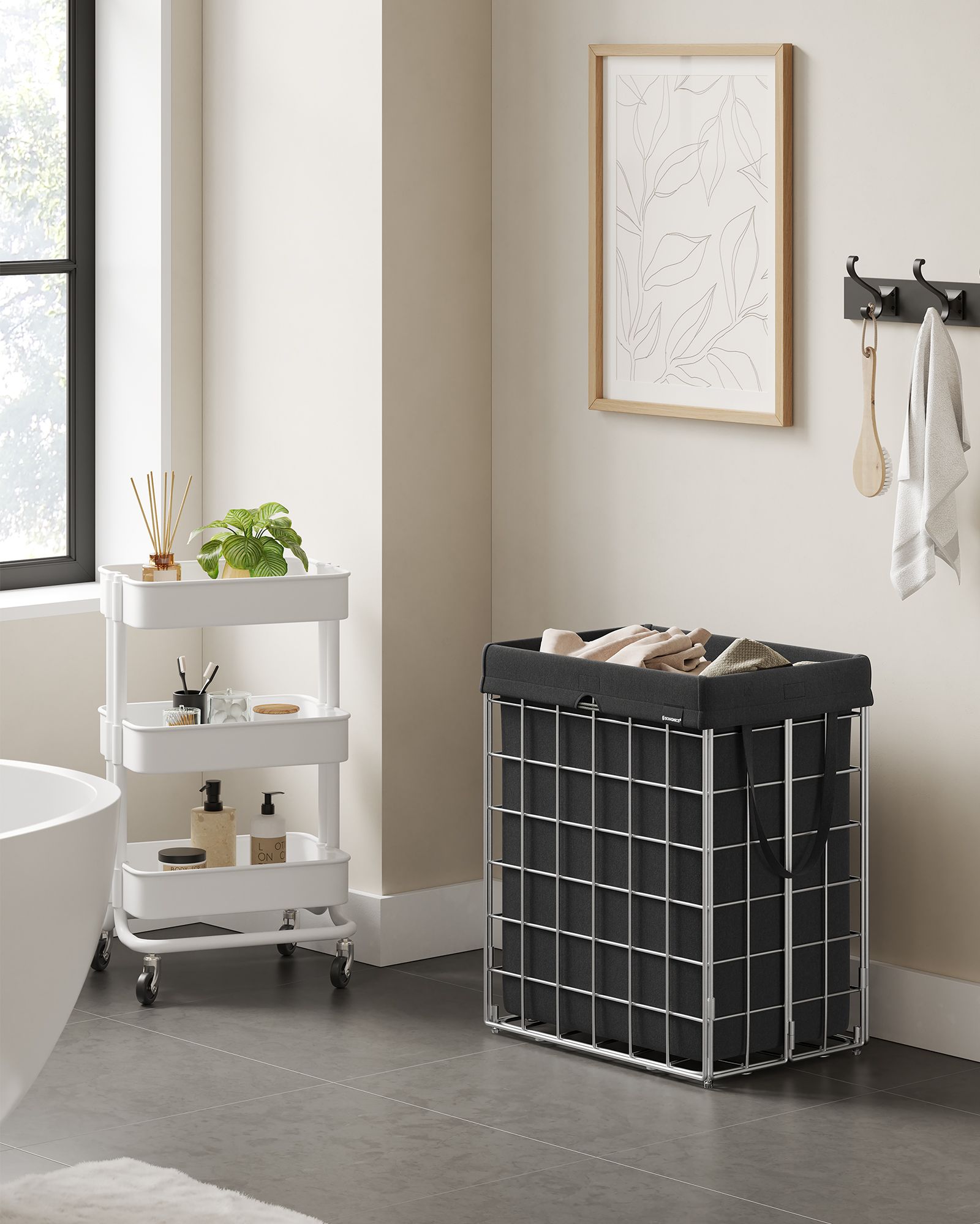 Laundry Basket – Metal Wire Frame – Silver and Classic Black – 110L Capacity with Removable Liner