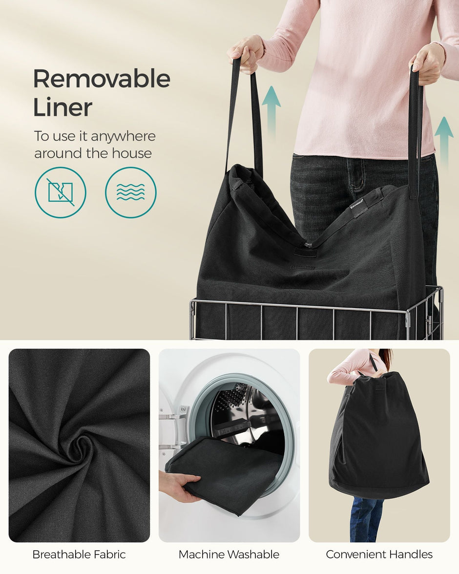 Laundry Basket – Metal Wire Frame – Silver and Classic Black – 110L Capacity with Removable Liner