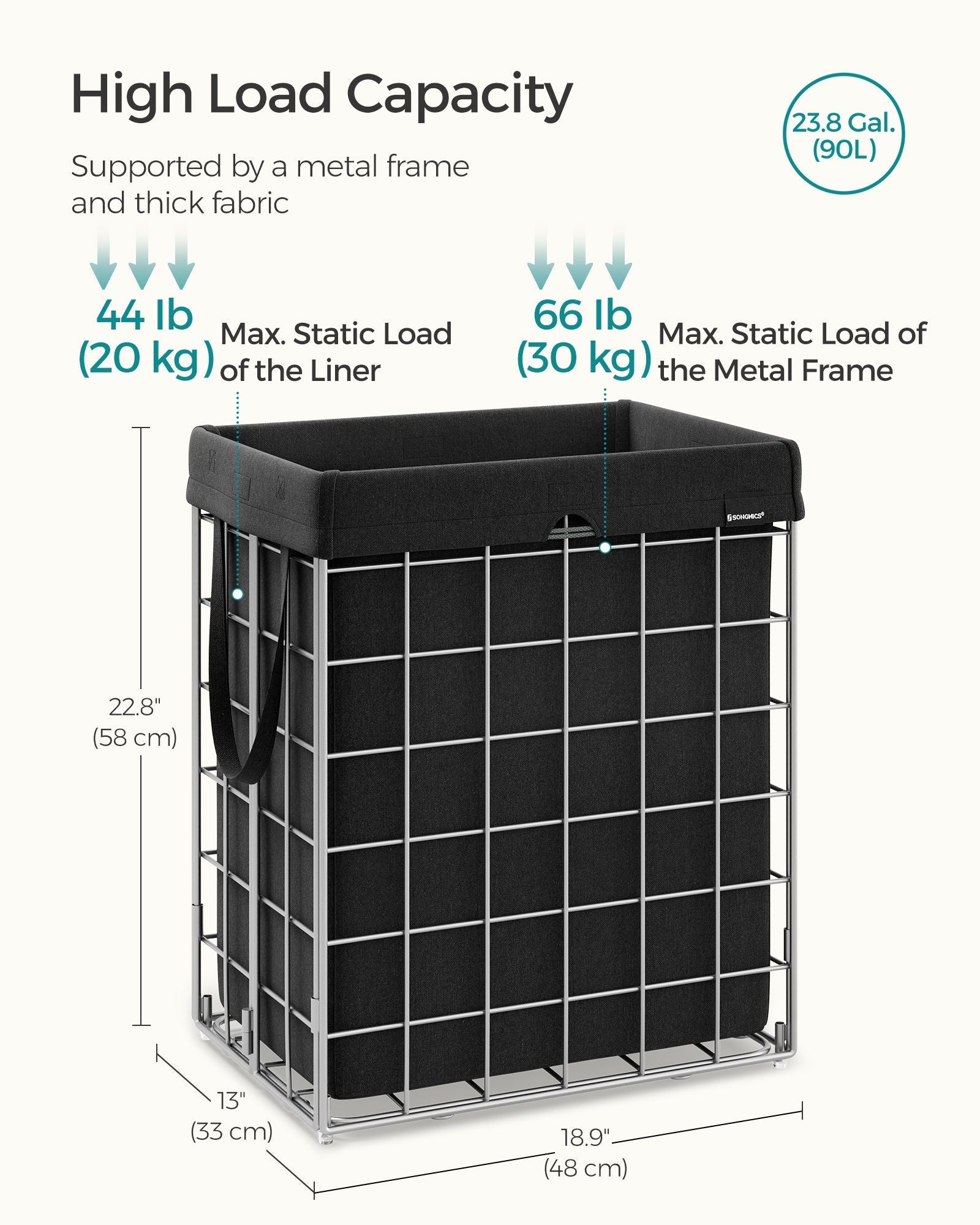 Laundry Basket – Metal Wire Frame – Silver and Classic Black – 110L Capacity with Removable Liner