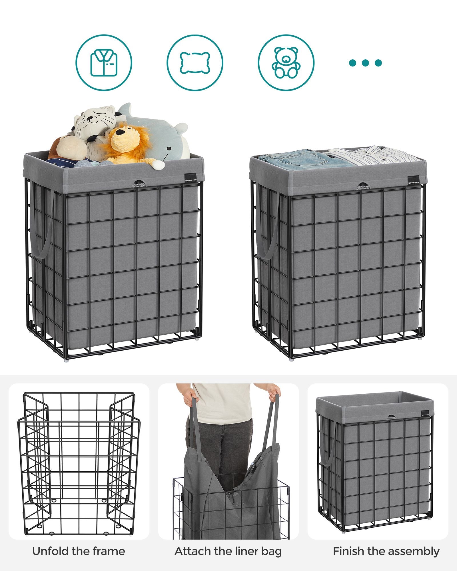 Collapsible Laundry Basket – Metal Wire Frame – Ink Black and Slate Grey – Removable and Washable Liner