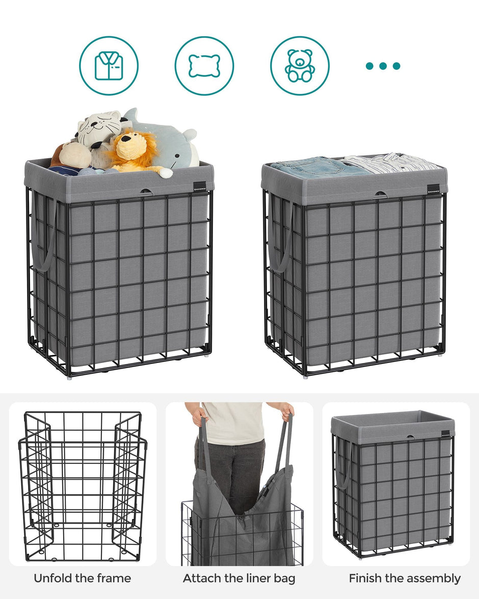 Collapsible Laundry Basket – Metal Wire Frame – Ink Black and Slate Grey – Removable and Washable Liner