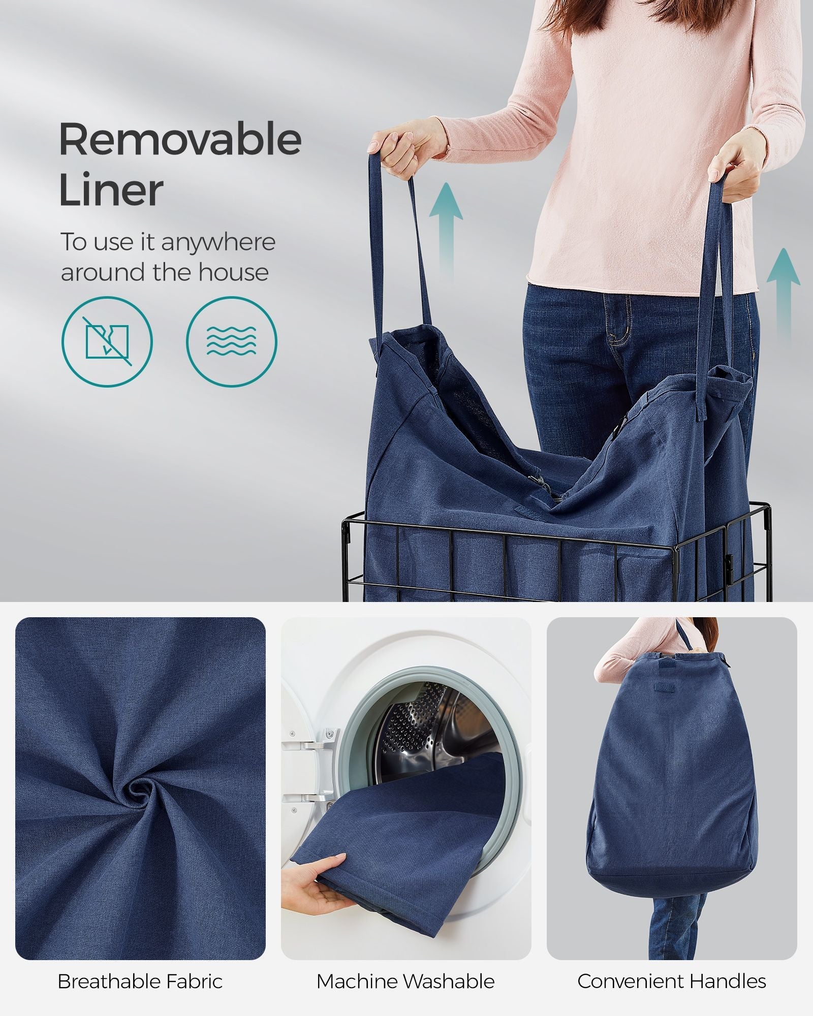 Laundry Basket – Metal Wire Frame – Gray – Collapsible with Removable Washable Liner, 90L Capacity