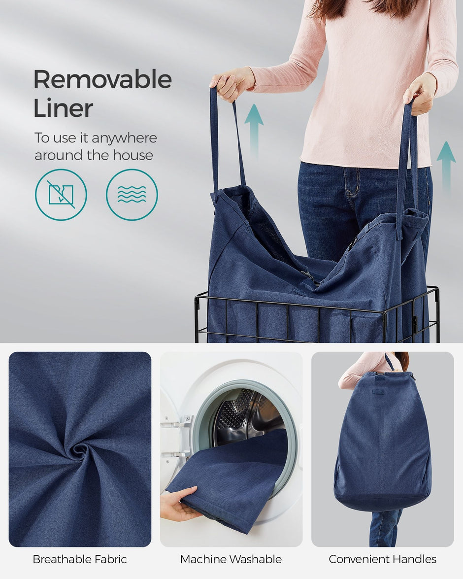 Laundry Basket – Metal Wire Frame – Gray – Collapsible with Removable Washable Liner, 90L Capacity