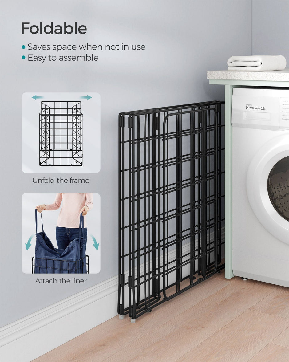 Laundry Basket – Metal Wire Frame – Gray – Collapsible with Removable Washable Liner, 90L Capacity