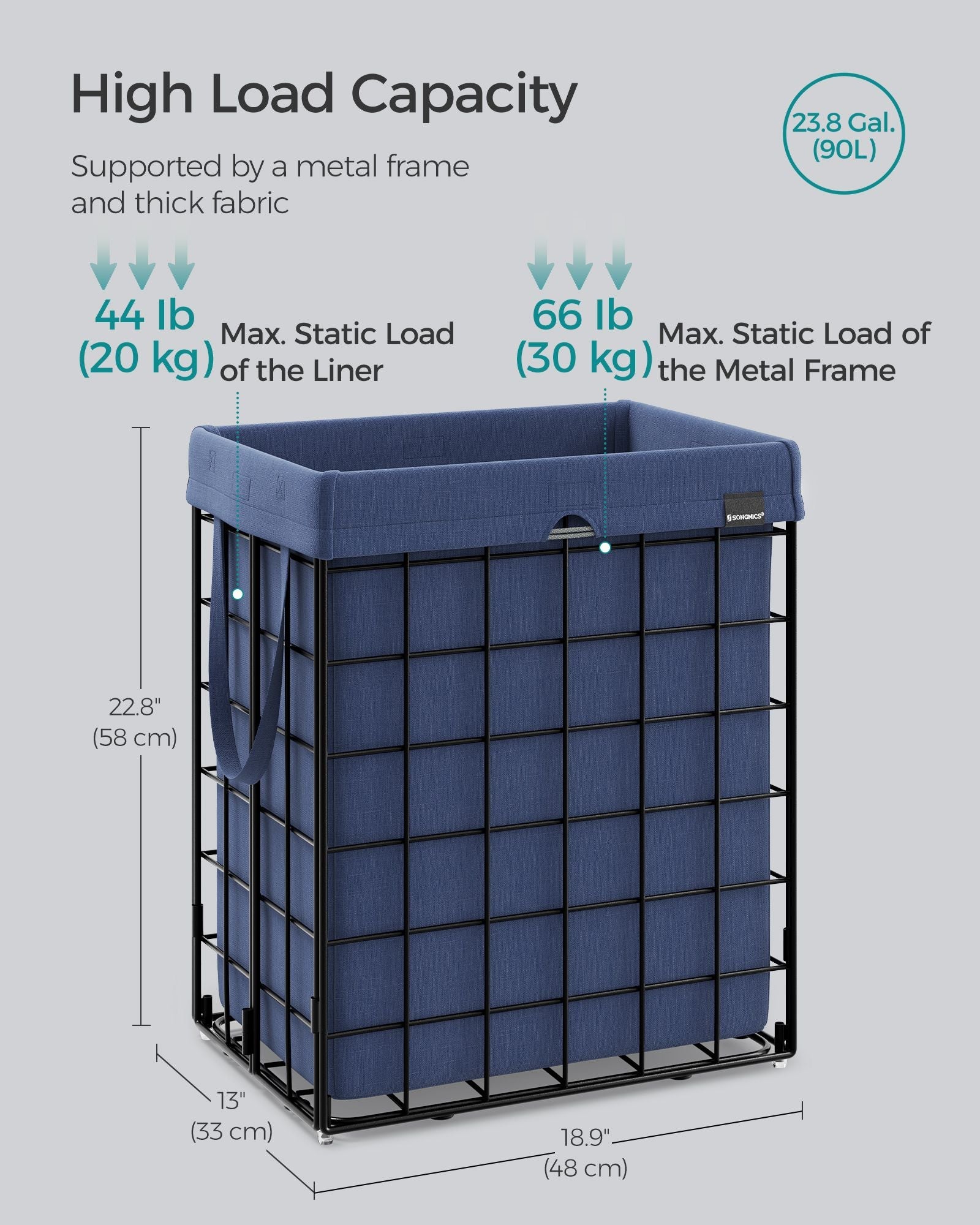 Laundry Basket – Metal Wire Frame – Gray – Collapsible with Removable Washable Liner, 90L Capacity