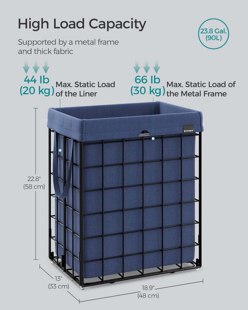Laundry Basket – Metal Wire Frame – Gray – Collapsible with Removable Washable Liner, 90L Capacity