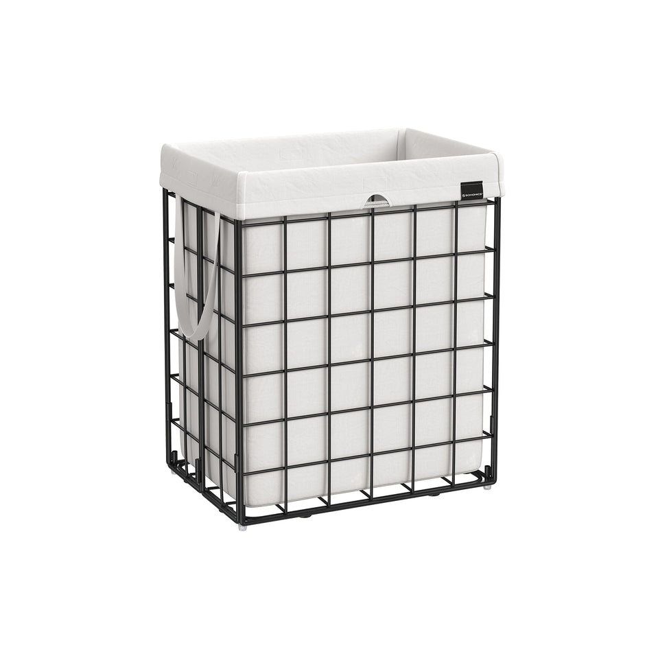 Collapsible Laundry Basket – Metal Wire Frame – Ink Black and Cloud White – Removable and Washable Liner, 90L Capacity