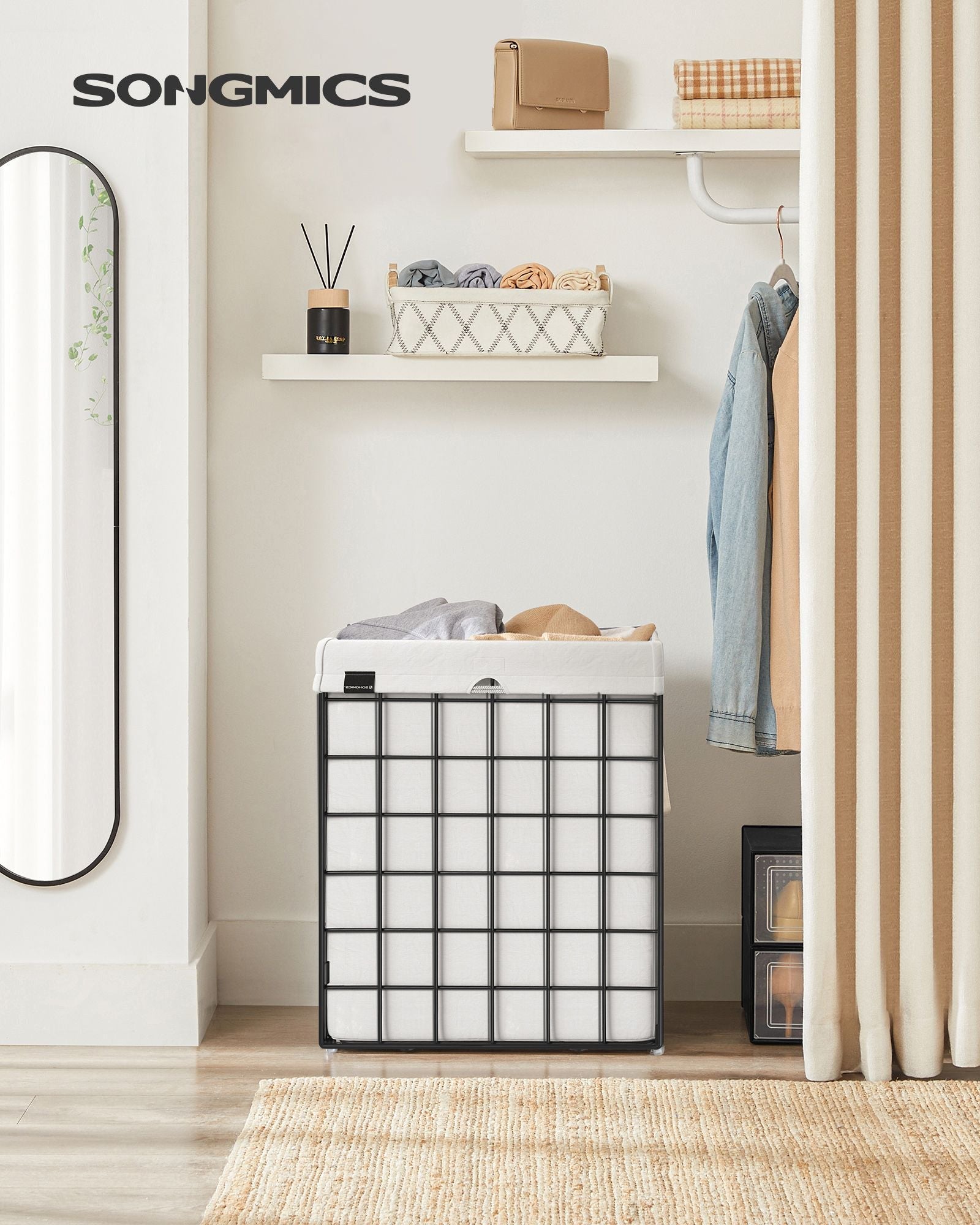 Collapsible Laundry Basket – Metal Wire Frame – Ink Black and Cloud White – Removable and Washable Liner, 90L Capacity