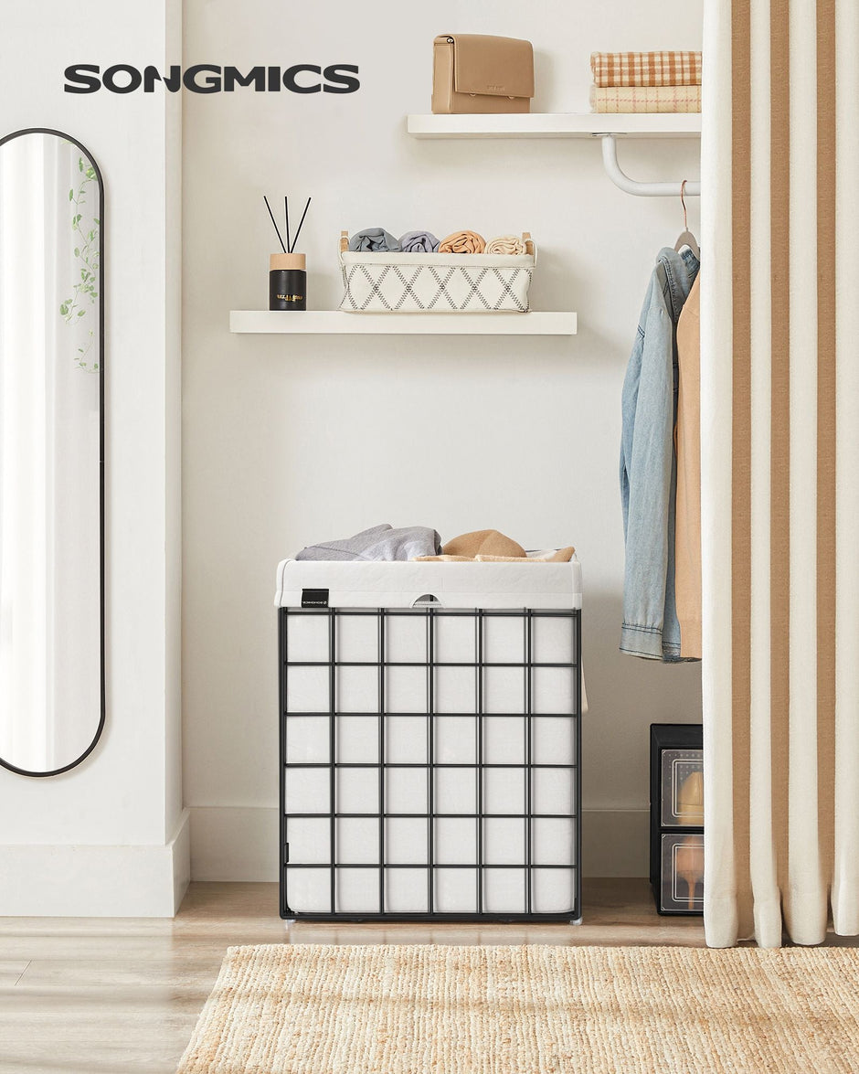 Collapsible Laundry Basket – Metal Wire Frame – Ink Black and Cloud White – Removable and Washable Liner, 90L Capacity