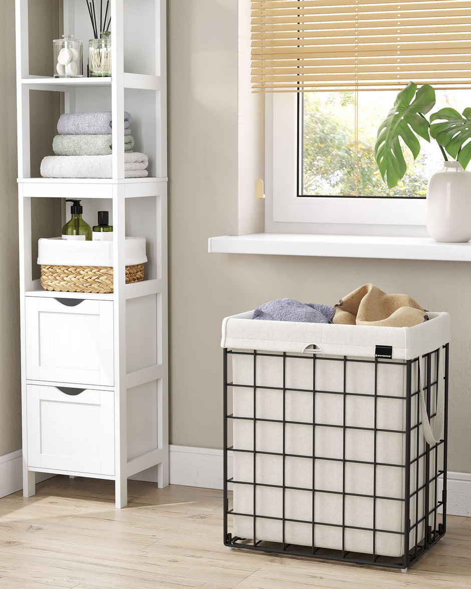 Collapsible Laundry Basket – Metal Wire Frame – Ink Black and Cloud White – Removable and Washable Liner, 90L Capacity